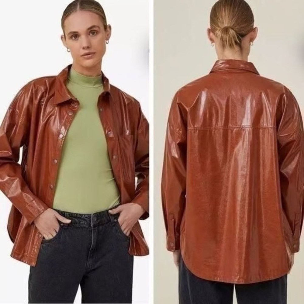 Cotton On Women XS Brown Vegan Leather Shirt Jacket Long Sleeve Fall Pleather